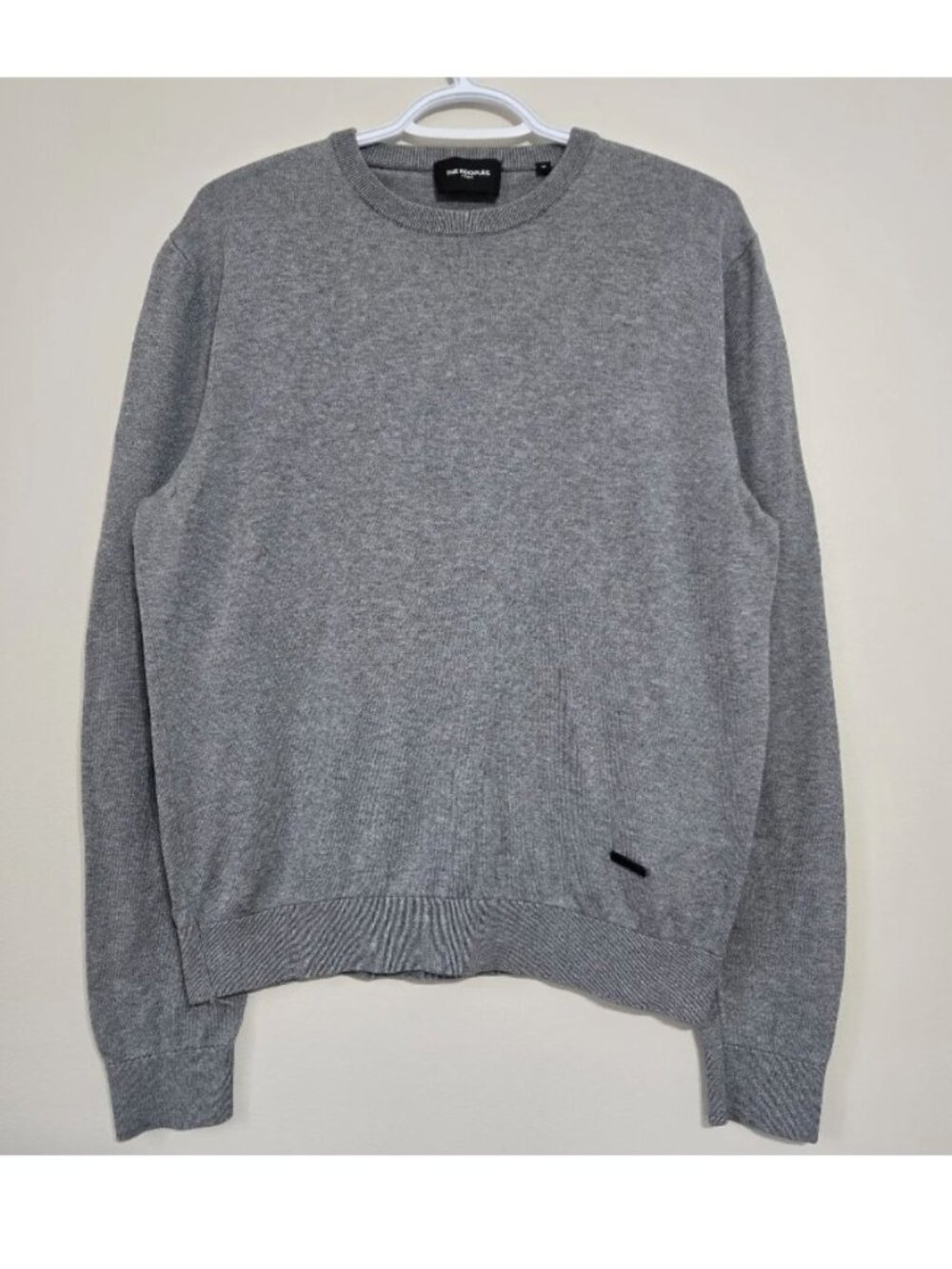 The Kooples Paris Cotton Silk Mens Crew Neck Light Gray Leather Piping Sweater M